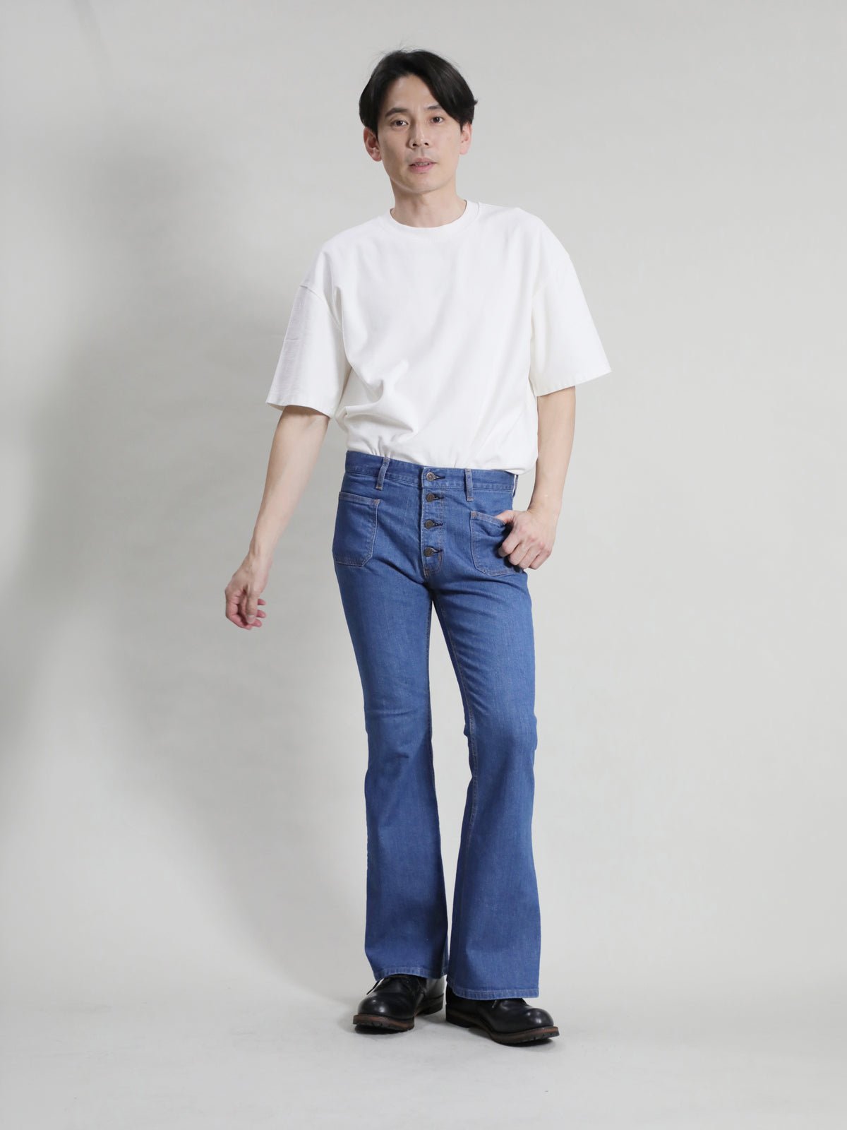貼りポケベルボトムジーンズ　1970年代復刻  レトロブリーチカラー/ユニセックス 12.5oz