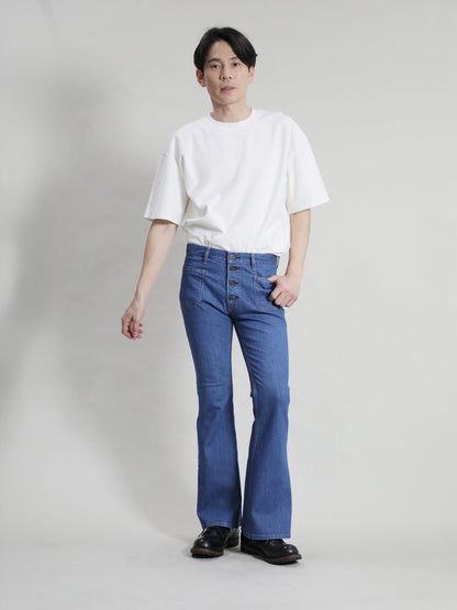 貼りポケベルボトムジーンズ　1970年代復刻  レトロブリーチカラー/ユニセックス 12.5oz