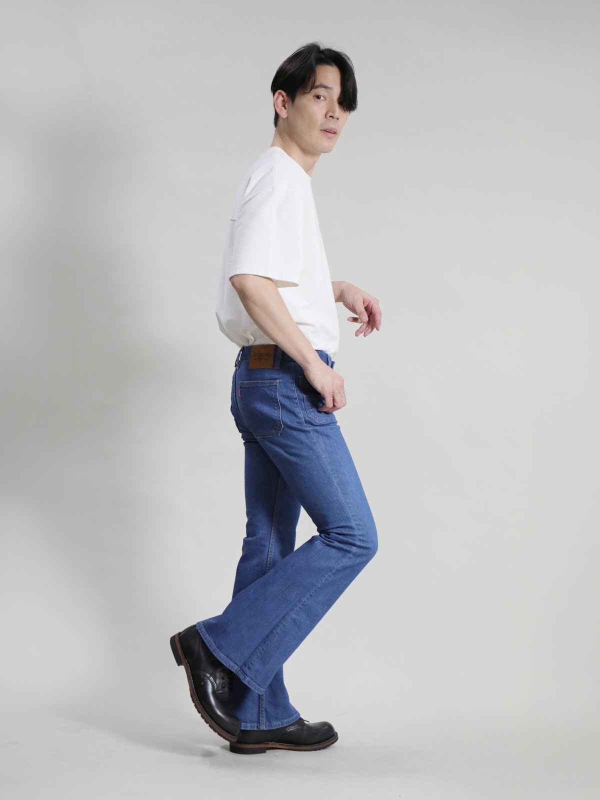 貼りポケベルボトムジーンズ　1970年代復刻  レトロブリーチカラー/ユニセックス 12.5oz