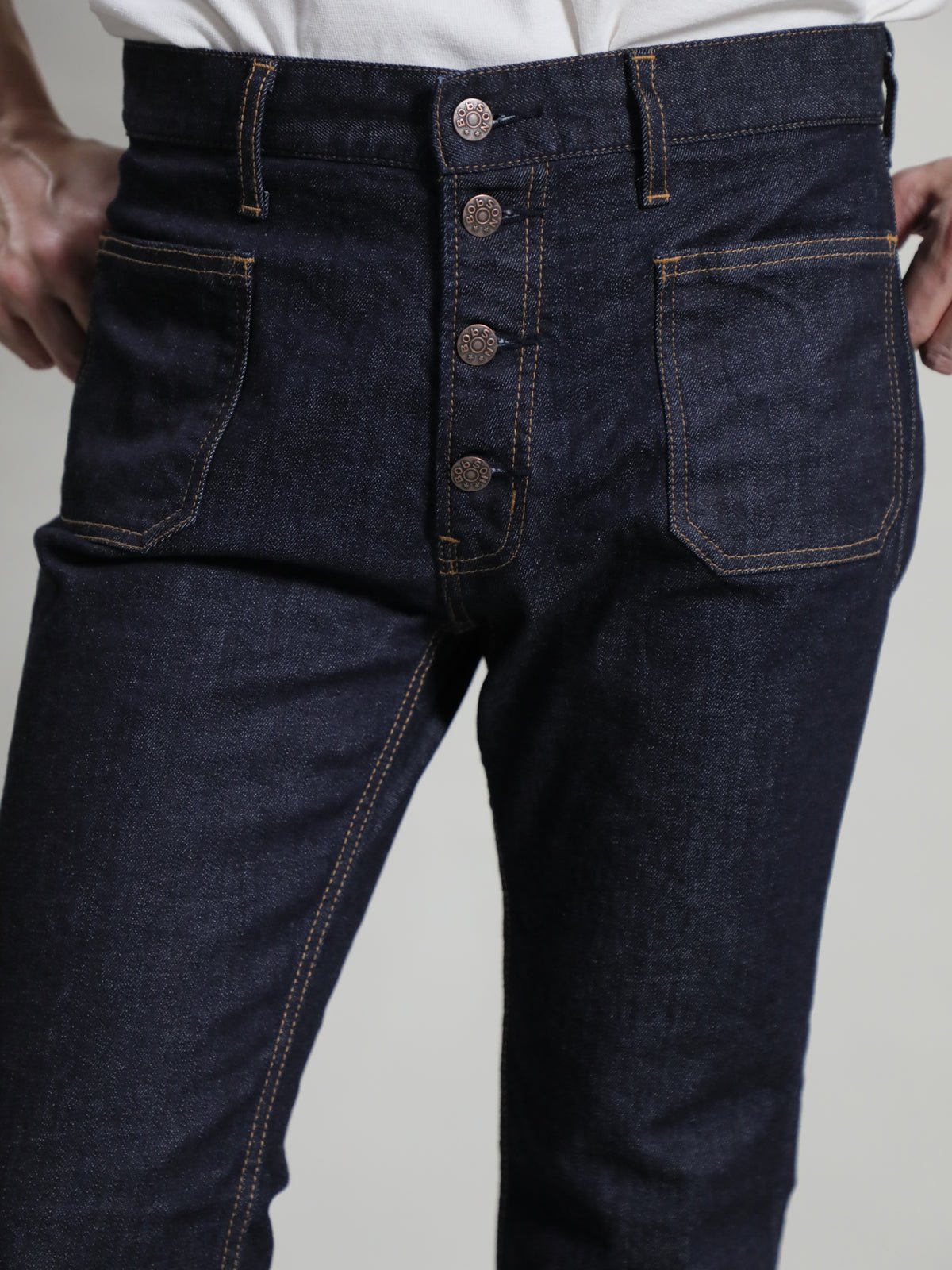 貼りポケベルボトムジーンズ　1970年代復刻  ワンウォッシュカラー/ユニセックス  12.5oz