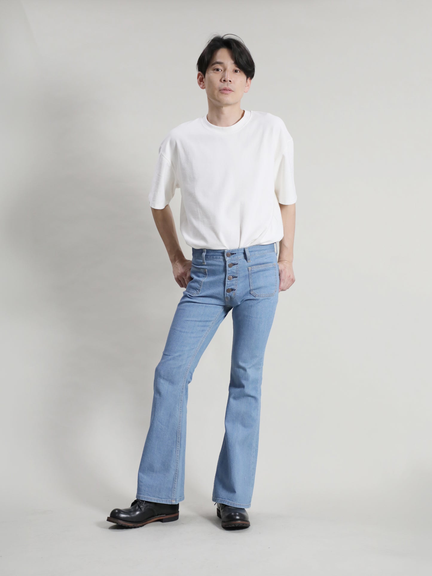 貼りポケベルボトムジーンズ　1970年代復刻  レトロハイブリーチカラー/ユニセックス  10.5oz
