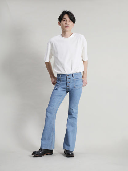 貼りポケベルボトムジーンズ　1970年代復刻  レトロハイブリーチカラー/ユニセックス  10.5oz