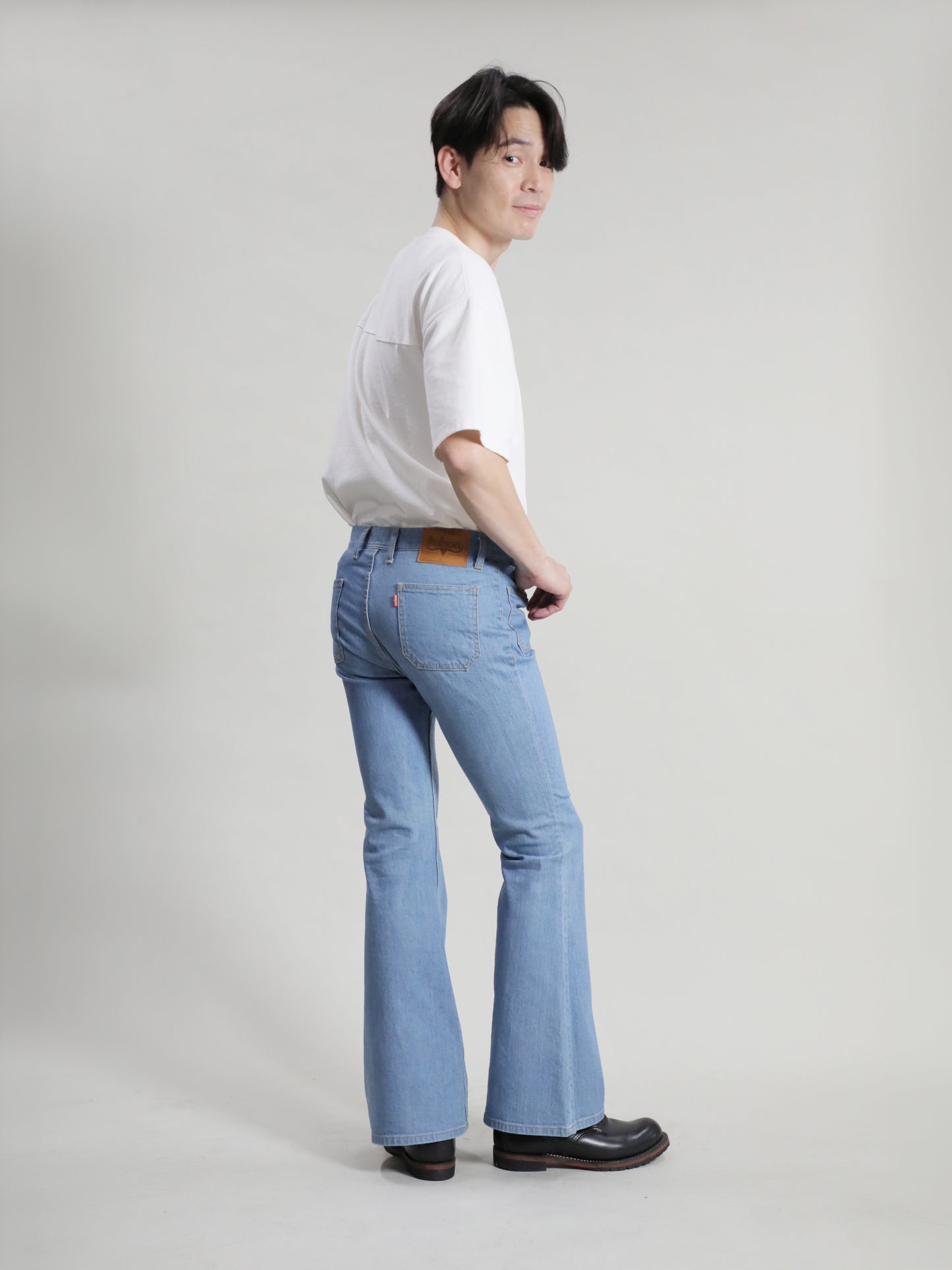 貼りポケベルボトムジーンズ　1970年代復刻  レトロハイブリーチカラー/ユニセックス  10.5oz