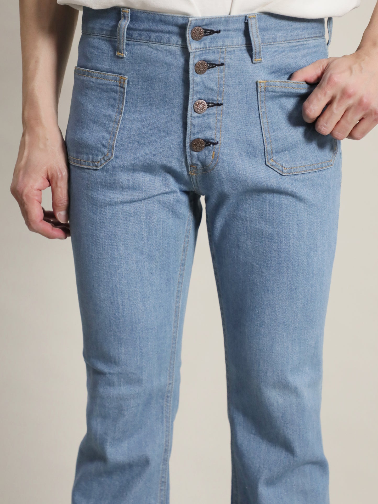 貼りポケベルボトムジーンズ　1970年代復刻  レトロハイブリーチカラー/ユニセックス  10.5oz