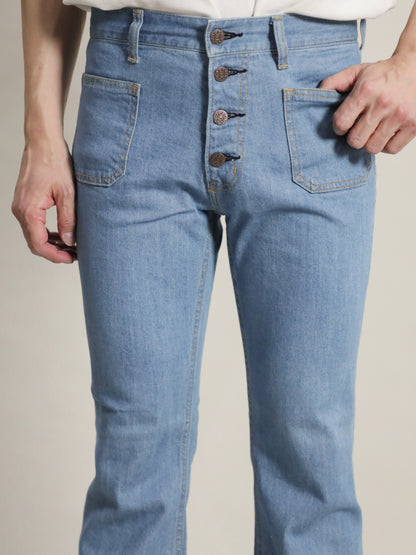 貼りポケベルボトムジーンズ　1970年代復刻  レトロハイブリーチカラー/ユニセックス  10.5oz