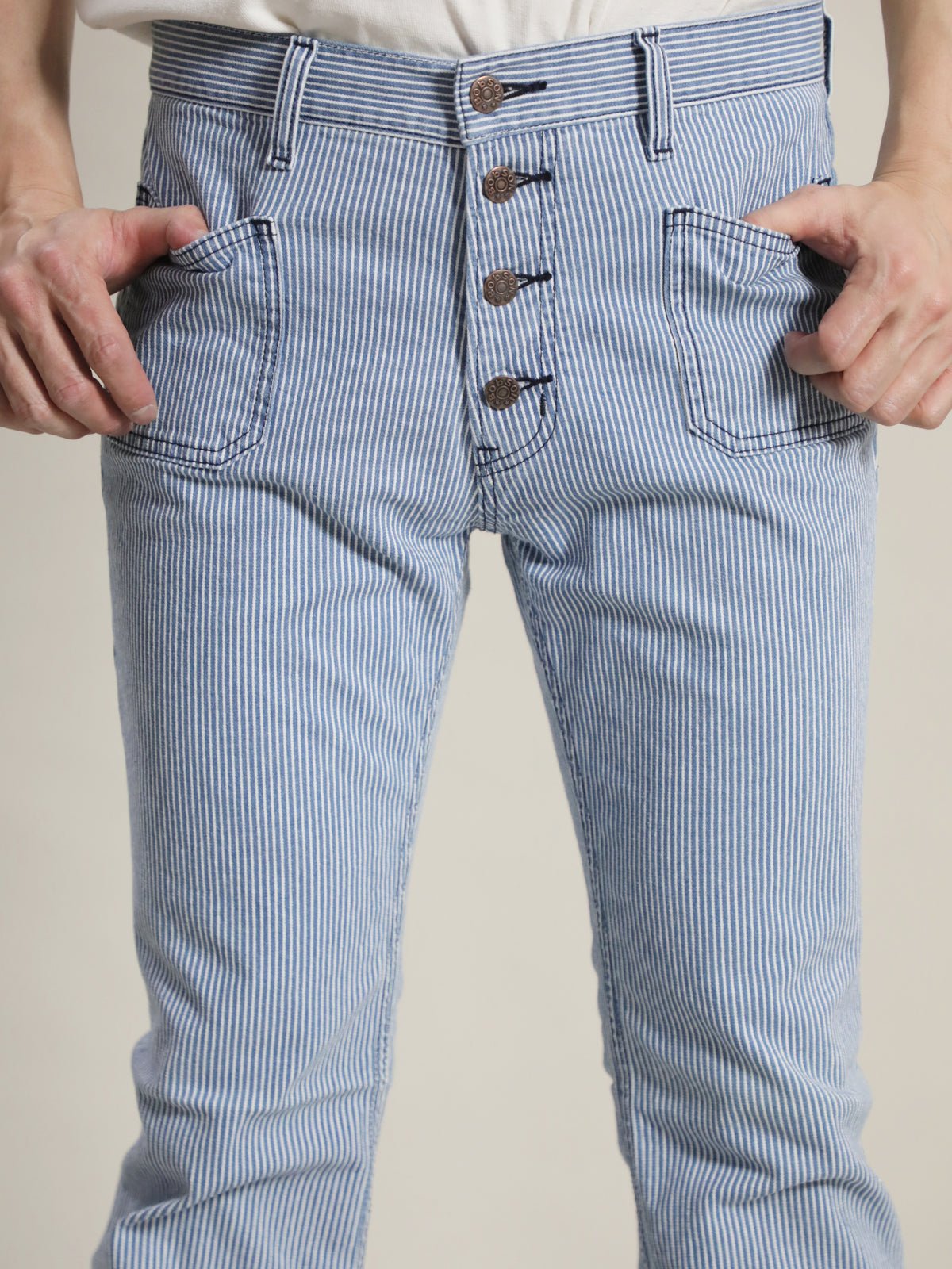 貼りポケベルボトムジーンズ　1970年代復刻  ヒッコリーブリーチカラー/ユニセックス  10.5oz